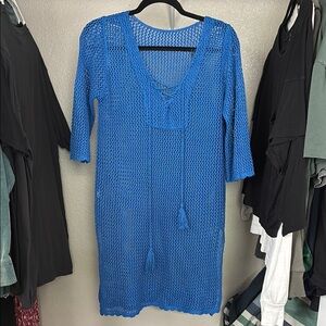Blue Crochet Swim Cover-Up Tunic 3/4 Sleeve Tassles
